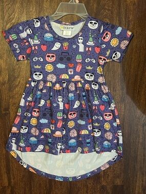 Purple Short Sleeve Kids High Low Tunic with Playful Print